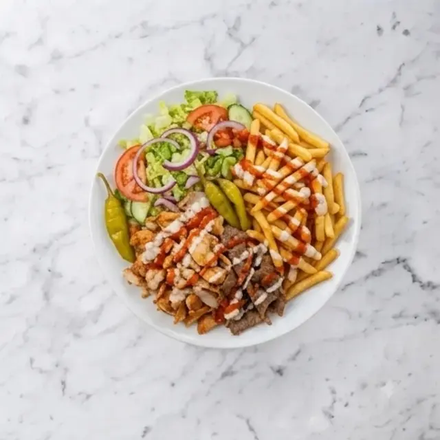 Kebabtallrik — kebab, pommes, pfefferoni, sallad, sås