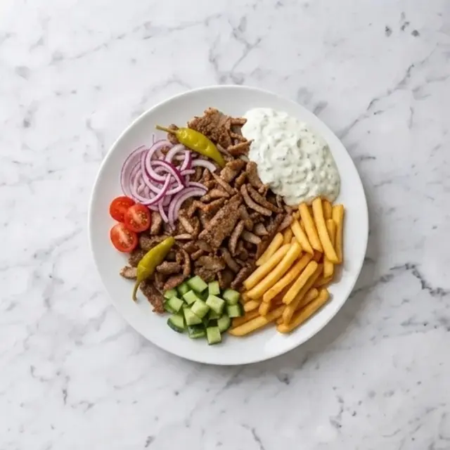 Gyrostallrik — gyroskött, lök, tomater, gurka, pfefferoni, pommes, sås